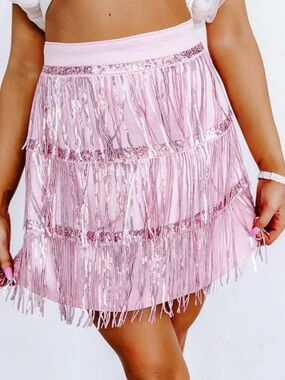 Nashville Dreaming Pink Sequin Fringe Skirt